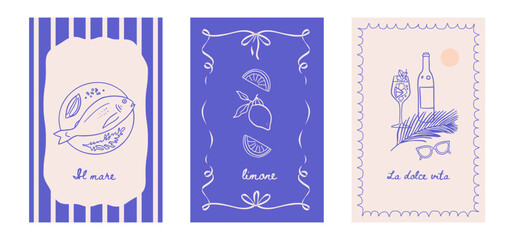 Set of summer la dolce vita vintage posters. Italian amalfi sicily style vacation contour hand drawn vector illustrations in ink line doodle sketch style.