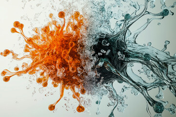 Split view of virus being attacked by immune cells in dynamic water-like composition, ideal for medical science, healthcare research or virology education