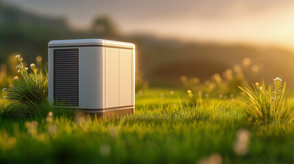 Compact bioenergy generator standing in green meadow at sunset, ideal for renewable energy, sustainability, innovation, and eco technology visuals