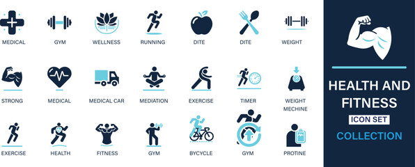Obraz premium Health and fitness icon set collection. Medical, gym, wellness, running, dight, weight, strong, medical, exercise, health, protein. And solid icon set collection.