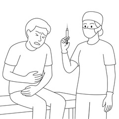Doctor holding syringe preparing to inject male patient with stomach pain. Medical treatment concept. Line art vector illustration.