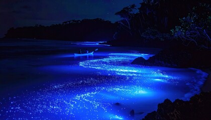 Glowing Blue Bioluminescent Plankton At Night Beach
