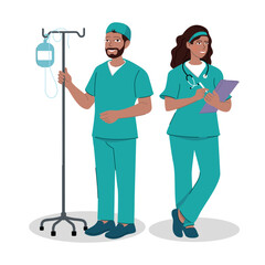 Smiling medical staff in scrubs: male nurse with IV stand and female doctor with clipboard. Flat vector illustration of hospital workers in uniform