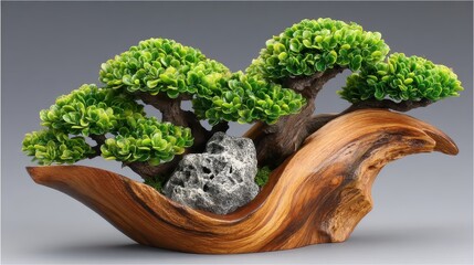 Striking bon tree featuring a rock at its center highlighting the dramatic root system and earthy tones