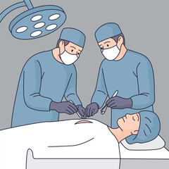 Surgeons performing an operation in a hospital operating room. Flat vector style medical illustration showing a surgical procedure with doctors in masks and gloves.