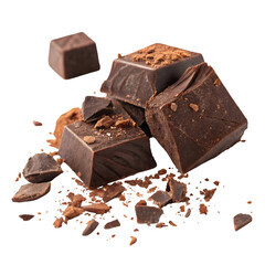 Chunks of roughly crushed chocolate or solid cocoa mass on white