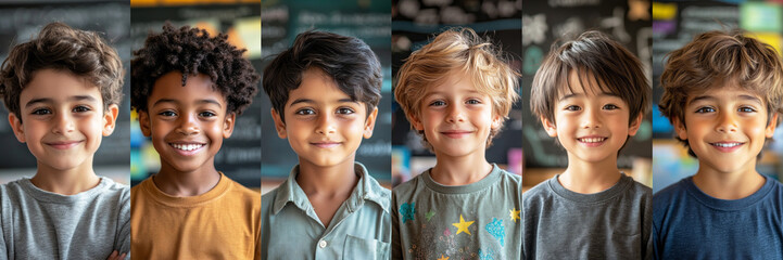 A collage of smiling 10-year-old boys of various ethnicities standing in their classroom, with a blurred chalkboard in the background, capturing joy, diversity, and everyday school life