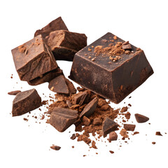 Chunks of roughly crushed chocolate or solid cocoa mass on white