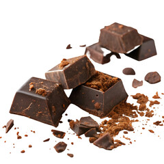 Chunks of roughly crushed chocolate or solid cocoa mass on white