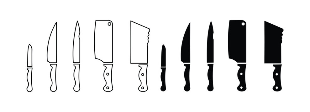  Kinds of kitchen knife sign symbol silhouette. Butcher knife silhouette symbol icon vector. Knife icon vector.