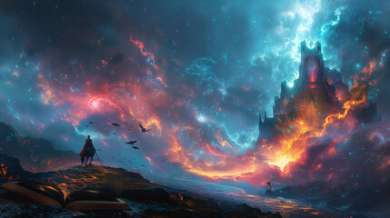 Magic castle and rider under galactic sky with glowing book and fiery atmosphere