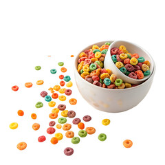 Colorful cereals on white bowl top view isolated on white background