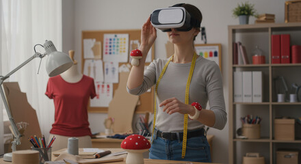 Woman in her 20s, using a VR headset to design fashion in her studio, working with virtual reality tools, indoors.