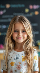 A cheerful girl, around 10 years old, stands in a classroom with long, wavy hair and a floral shirt. She smiles warmly with a blackboard filled with colorful drawings behind her