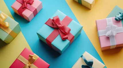 Attractive gift boxes on colorful backdrop