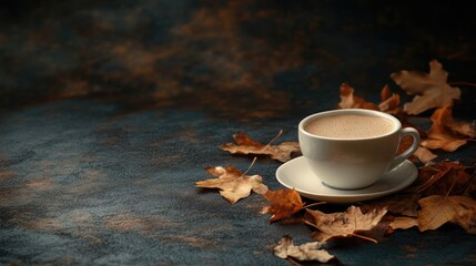 Autumn Leaves Abstract Still Life with Cocoa Cup and Copy Space.