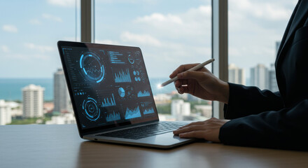 Data Analytics Expert reviews insightful business intelligence dashboards using a digital pen for interactive insights in a modern high-rise office.