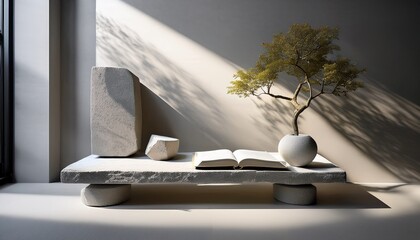 minimalist stone furniture display featuring geometric shapes a book and dappled light from an unseen tree
