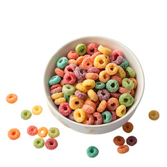 Colorful cereals on white bowl top view isolated on white background