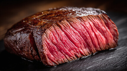 Fototapeta premium Juicy grilled beef steak medium rare with visible fibers, close-up on dark background, gourmet meat texture, high protein concept for food advertising or recipe banner