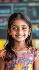 A cheerful Hindu girl around10 years old flashes a bright smile while dressed in a yellow outfit in an engaging classroom ,environment filled with colorful decorations.