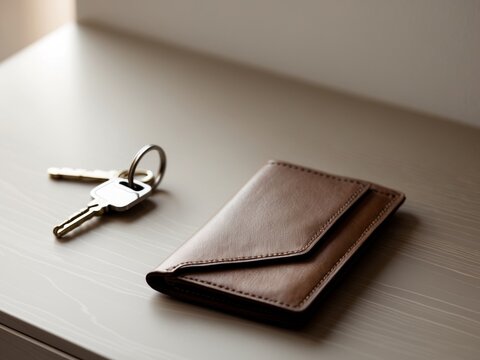 Keys and a Brown Leather Wallet on a Desk, Essentials for Leaving Home, Ready to Go.