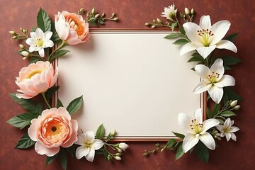 Deep rosewood invitation background with peonies, lilies, and gardenias. 