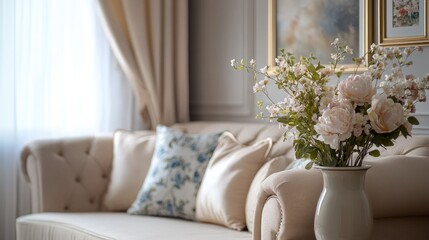 Beautiful living room with beige sofa and floral vase