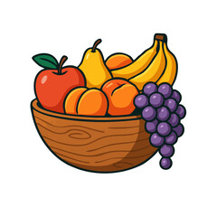 Wooden bowl with fruit, isolated on white background. Apple, grapes, peach, banana and pears. Flat design vector. Healthy food concept. Merch