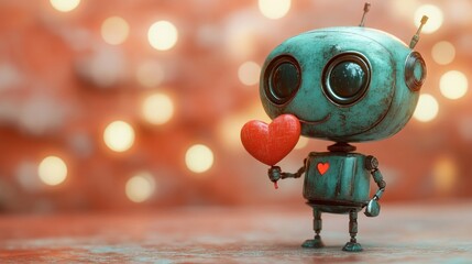 Cute robot holding heart, bokeh background, Valentine's Day, love concept