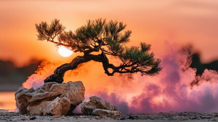 Elegant silhouette of a bonsai tree on a rock surrounded by mysterious fog creating a cinematic atmosphere