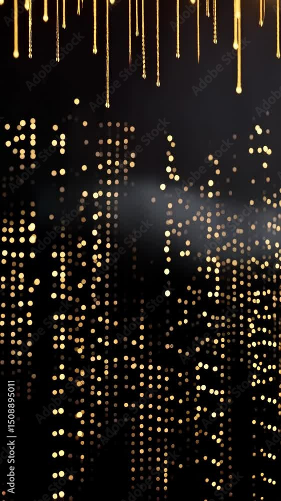 Poster abstract golden light strings falling with sparkling blurred spots over a dark background, creating 