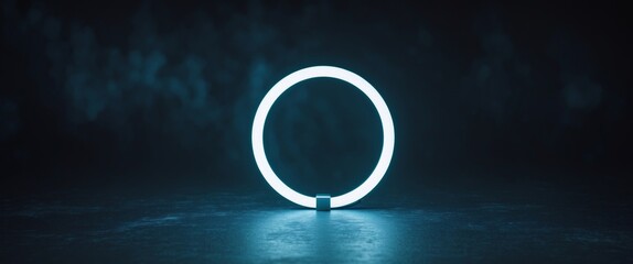 Glowing Cyan Circle Frame in Dark Abstract Environment, Modern Minimal Design.