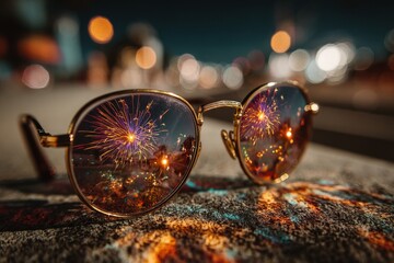 Close-up of sunglasses on pavement at night, reflecting a vibrant display of fireworks and city lights in both lenses, with bokeh in the background