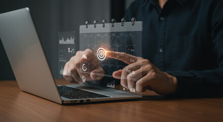 Business Man Planning Digital Strategy: Utilizing an interactive transparent calendar for efficient target scheduling, and goal attainment in financial and data analytics.