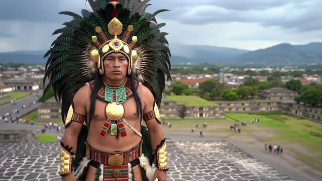 Aztec warrior or priestess in elaborate traditional attire, before ancient Mesoamerican temple ruins.