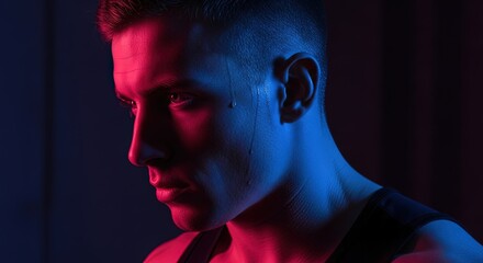 Athlete with beads of sweat on his face in dramatic blue and red light  