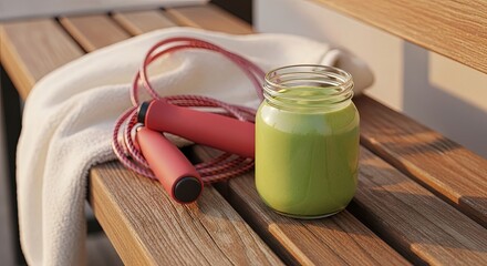 Exercise jump rope and smoothie jar on wooden bench in sunlight  