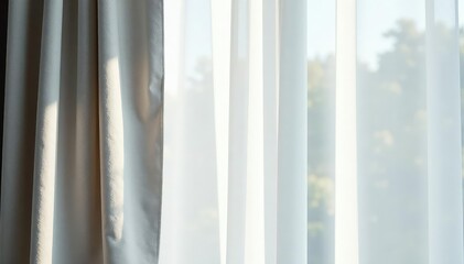 Simple, light gray linen curtains, soft natural folds , linen curtains, interior design, light texture