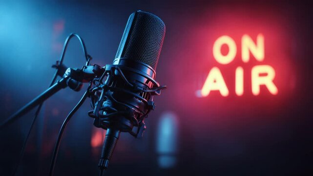 Dynamic Studio Microphone with &ldquo;On Air&rdquo; Neon Sign and Colorful Smoke