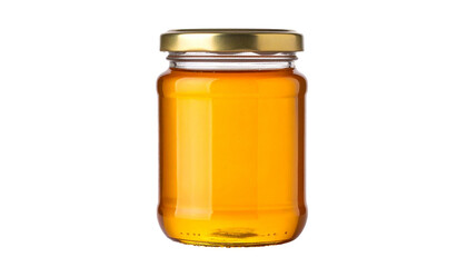 Glass jar containing honey on transparent background