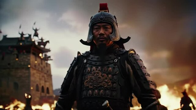 Japanese Shogun or high-ranking Samurai in ornate traditional armor, exuding authority and martial prowess.