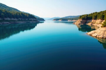 Smooth lake surface, irregular shoreline creating abstract shapes , serenity, horizon