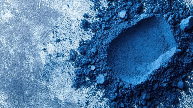 Blue Spirulina Powder Pile from Above with Space for Text. Organic Ingredient for Coloring Food