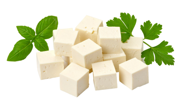 Paneer cheese cubes forming a pile with basil and parsley on transparent background
