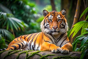 Majestic malayan tiger resting in lush jungle