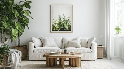 Fototapeta premium Botanical posters in white living room with sofa in background