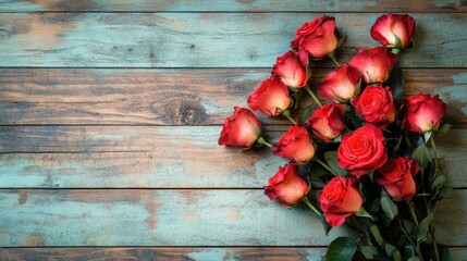 Bunch of roses on aged wooden surface