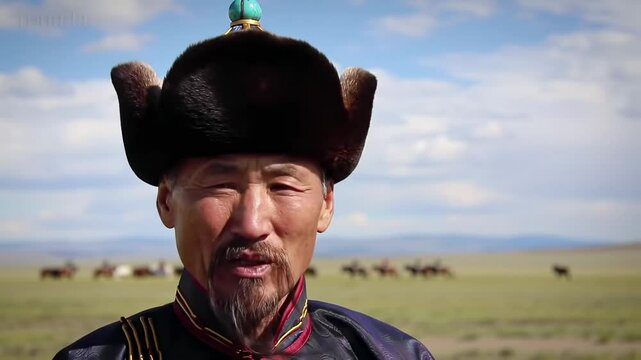 Portrait of a weathered Mongolian man in traditional nomadic attire and hat, looking thoughtfully.