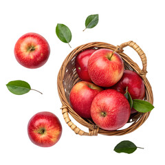 Fresh whole red apples on basket top view isolated on white background